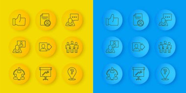 Hat Proje Üssü, Kafa Avcılığı, Takım Lideri, Soru işareti, Kullanıcı Grubu, Konuşma Balonu Sohbeti ve Devam Simgesi. Vektör