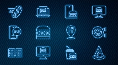 Pizza dilimi, donut, online sipariş ve teslimat, Burger, Food, hotdog, Cafe restoranı konumu ve burger ikonu. Vektör