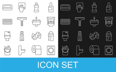 Hat prezervatifi paket güvenli sekse, terleme önleyici deodorant rulosuna, Epilatöre, temizlik maddesi şişesine, plastik temizleyiciye, saç fırçasına, sabuna ve musluk ikonuna sahip lavaboya ayarlayın. Vektör