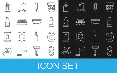 Sünger, bir şişe şampuan, temizlik malzemesi, hijyenik tampon, fırça, gargara şişesi ve küvet ikonu için. Vektör