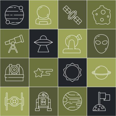 Satürn, Alien, Satürn, Uydu, UFO uçan uzay gemisi, Teleskop ve Astronomik Gözlemevi ikonu ile Ay hattını ayarlayın. Vektör