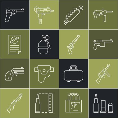 Hat kurşunu, Tommy silahı, Mauser, Tuzak avı, el bombası, Ateşli Silahlar ruhsatı ve Revolver ikonu. Vektör