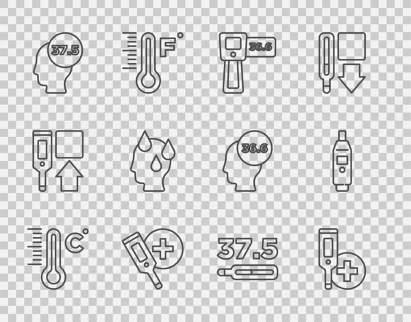 Set Linie Meteorologie Thermometer Digital Hohe Menschliche Körpertemperatur Medizin Und — Stockvektor