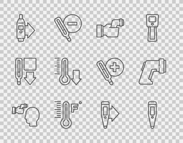 Ställ Linje Kontrollera Kroppstemperatur Digital Termometer Meteorologi Och Ikon Vektor — Stock vektor