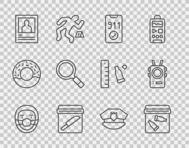 Doktor Patolojist, mermi dolu kanıt çantası 911 'i ara, bıçak, aranıyor afişi, büyüteç araması polis şapkası ve vücut kamerası ikonu. Vektör