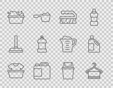 Tişörtlü leğen, askıda havlu, temizlik fırçası, şişe deterjanı, sabun köpüğü, çöp tenekesi ve ikon. Vektör