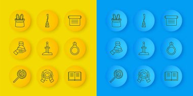 Sihirli değnek, iksirli şişe, taştaki kılıç, Antik sihirli kitap, yüzük mücevheri, Sihirbaz şapkası tavşan kulakları ve cadı süpürgesi ikonu. Vektör