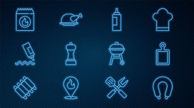 Sausage, Cutting board, Sos şişesi, Pepper, Barbekü kömür torbası, ızgara ve kızarmış hindi veya tavuk ikonu. Vektör