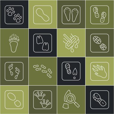 Çizgili insan ayak izleri, timsah timsah timsah timsah, tavşan ve tavşan pençesi, deve, ayı, pençe ve paspas ikonu. Vektör