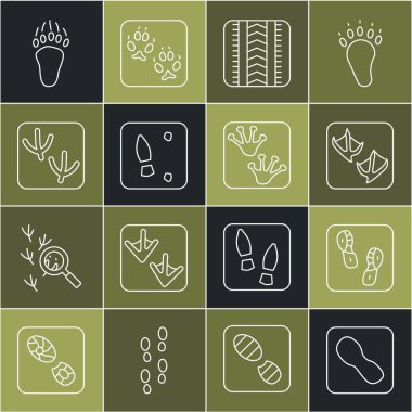 İnsan ayak izleri, martı pençesi, lastik izi, güvercin, ayı ve kurbağa ikonu. Vektör