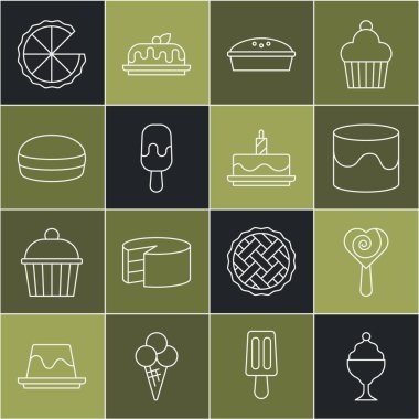 Dondurmayı kaseye koy, lolipop, pasta, ev yapımı pasta, makarna, ve yanan mum ikonu. Vektör