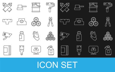 Çizgi boyası sprey tabancası, teneke kutu, cıvata kesici, kova, püskürtme başlığı, kalem eklentisi ve simge. Vektör