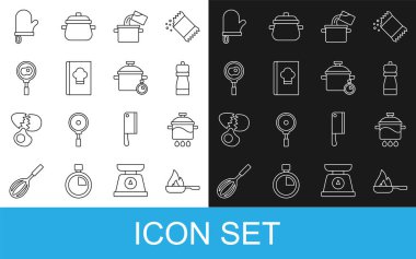 Sabit hat, kızartma tavası, tencere, biber, yemek kitabı, kızarmış yumurta, fırın eldiveni ve ikon. Vektör