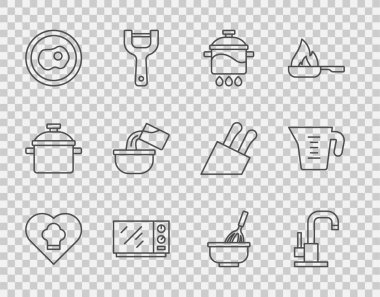 Şef şapkası, musluk suyu, tencere, mikrodalga fırın, çırpılmış yumurta, tencere, kase ve ölçü kupasıyla mutfak çırpıcısı. Vektör