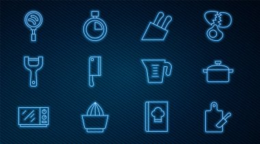 Kesme tahtası ve bıçak, pişirme kabı, bıçak, et bıçağı, sebze soyacağı, kızartma tavası, ölçü kabı ve Ktopwatch ikonu. Vektör