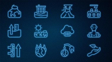 Elinde filizlenme hattı, yüksek insan vücut sıcaklığı, lavlı yanardağ patlaması, kuraklık, yükselen su seviyesi, ormansızlaşma, CO2 emisyon bulutu ve ev sel ikonu. Vektör