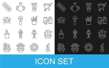 Ota ekzotik tropikal bitkiler, kaktüs peyoti, lastik eldivenler, bitki, kürek, böcek, meteoroloji termometresi ve ikon. Vektör