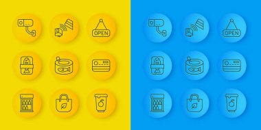 Ticari buzdolabı, balık plastiği kabı, konserve balık, yoğurt, kredi kartı, güvenlik kamerası, Açık ve POS terminal kredi ikonu asma tabelası. Vektör