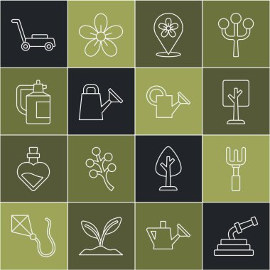 Hortum, tırmık, orman, çiçekli konum, su kovası, gübre spreyi, çim biçme makinesi ve ikon. Vektör