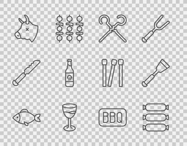 采购产品布线鱼 啤酒瓶 烧烤和斯帕图拉图标 — 图库矢量图片