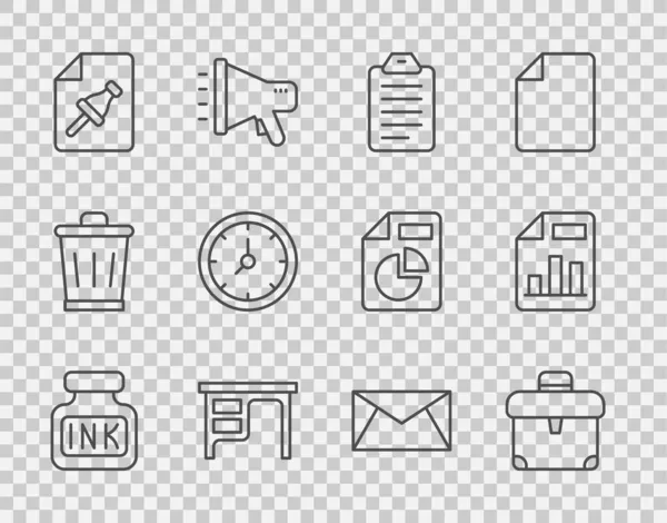 设置线Inkwell Briefcase 做列表或计划 写字台 按下按钮的笔记纸 电子邮件和文档图表图标 — 图库矢量图片