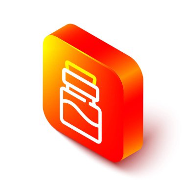 Beyaz zemin üzerinde iksir ikonu olan Isometric çizgi şişesi. Sihirli iksirli matara. Mutlu Cadılar Bayramı Partisi. Turuncu kare düğme. Vektör