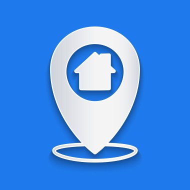 Kağıt kesikli harita işaretçisi ve mavi arkaplanda ev simgesi var. Ev konumu belirleyici sembol. Kağıt sanatı tarzı. Vektör.