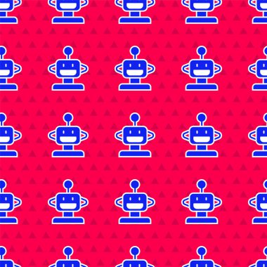 Mavi Robot oyuncak ikonu kırmızı arka planda izole edilmiş kusursuz desen. Vektör