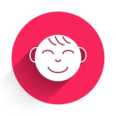 Beyaz Mutlu küçük çocuk kafası ikonu uzun gölgeli arka planda izole edilmiş. Erkek bebeğin yüzü. Kırmızı daire düğmesi. Vektör