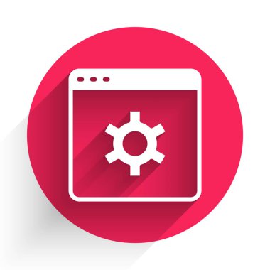 Beyaz Tarayıcı ayarı simgesi uzun gölge arkaplanı ile izole edildi. Ayarlama, servis, bakım, onarım, onarım. Kırmızı daire düğmesi. Vektör