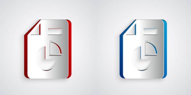 Gri arkaplanda grafik çizelgesi simgesi olan kağıt kesiği belgesi. Metin dosya simgesini rapor et. Muhasebe tabelası. Denetim, analiz, planlama. Kağıt sanatı tarzı. Vektör