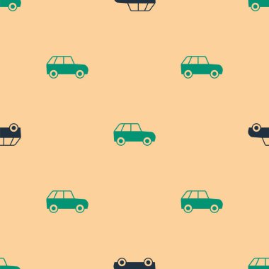 Yeşil ve siyah araba ikonu, bej arka planda pürüzsüz desen izole etti. Vektör