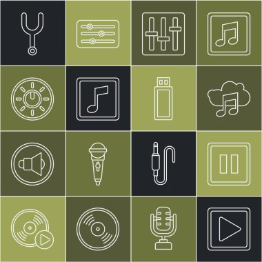 Satır Oynat 'ı kare, duraklat düğmesi, müzik akış servisi, ses karıştırıcı denetleyici, not, ton, çevir düğmesi teknoloji ayarları, müzikal ayar çatalı ve USB flash disk simgesi olarak ayarla. Vektör