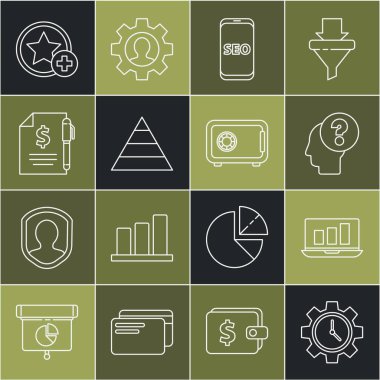 Satır Zaman Yönetimi, grafik grafikli dizüstü bilgisayar, İnsan kafası soru işareti, cep telefonu SEO optimizasyonu, Piramit bilgi grafikleri, Sözleşme parası ve kalem, Yıldız ve Güvenli simgesi. Vektör