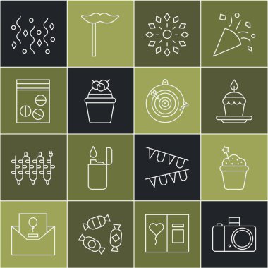 Fotoğraf makinesi, pasta, yanan mumlar, havai fişekler, plastik uyuşturucu torbası, şenlikli konfeti ve klasik dart tahtası ok ikonu. Vektör