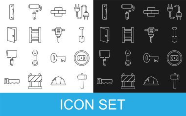 Hat çekiç, elektrik prizi, Kürek, tuğla, tahta merdiven, kapalı kapı, cetvel ve döner çekiç matkap ikonu. Vektör