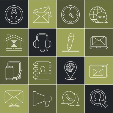 Satır Oluştur Hesap Ekranı, Web Sitesi ve zarf, Laptop with Clock, Kulaklıklar, House ve Silgi simgesi. Vektör