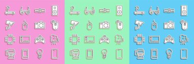 Smartphone, cep telefonu, Retro sinema kamerası, kablosuz bilgisayar faresi, Smartwatch, Bilgisayar, Güvenlik, Router ve kablosuz ağ sinyali ve Foto simgesi ayarla. Vektör