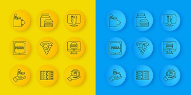 İnternetten sipariş ve teslimat, pizza kutusu, pizza dilimi, kafe restoranı yeri ve hamburger ikonu. Vektör