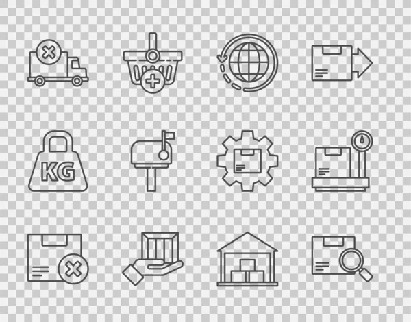 Imposta Linea Scatola Cartone Cancella Pacchetto Ricerca Spedizione Tutto Mondo — Vettoriale Stock
