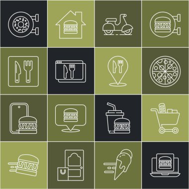 İnternetten hamburger siparişi ver, alışveriş arabası ve yemek, Pizza, Scooter, Cafe restoranının yeri, Donut ve ikon. Vektör