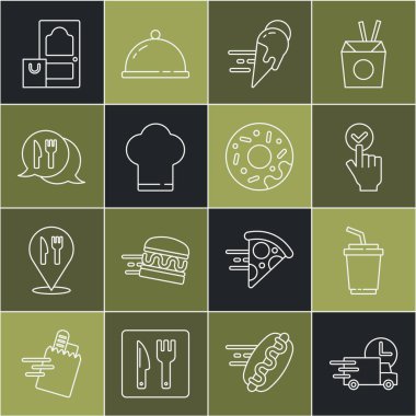 Araba ile hızlı teslimat, su ile kağıt bardak, online sipariş ve, dondurma, Şef şapkası, kafe restoranı konumu ve çörek ikonu. Vektör