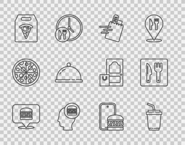 İnternetten hamburger siparişi vermek, su ile kağıt bardak yemek, pizza tepsisi ve kafe restoranının mekan ikonu. Vektör
