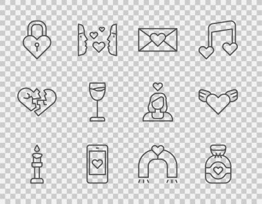 Yakıcı mum, çikolatalı şeker, Valentine 'ın kalbiyle zarf, Mobile, Şato şeklindeki şarap kadehi, aşk mıknatısı ve kalp kanatları ikonu. Vektör