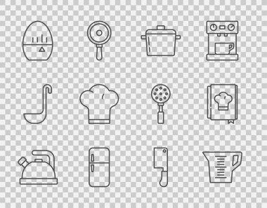Kettle 'ı sapı, ölçü kabı, yemek tenceresi, buzdolabı, mutfak zamanlayıcısı, şef şapkası, et helikopteri ve yemek kitabı ikonu ile ayarla. Vektör