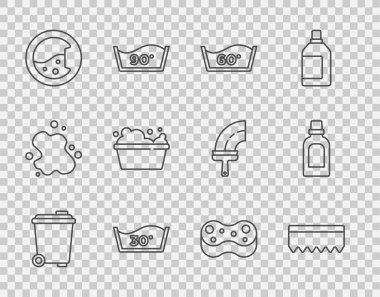 Çöp tenekesi, Sünger, Sıcaklık Yıkama, Yıkama, Sabun köpüklü leğen, ve temizlik malzemesi ikonu için şişe. Vektör