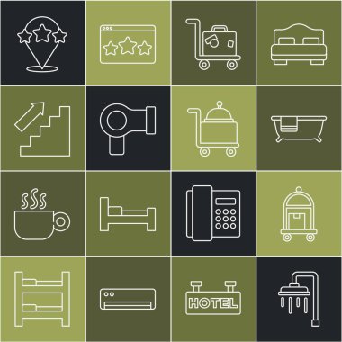 Bavul, Bavul, Küvet, Saç Kurutma, Merdivenler, Beş Yıldızlı Değerlendirme ve tepsi ikonu ile kaplı. Vektör