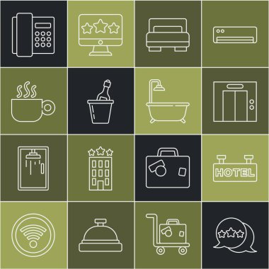 Beş yıldızlı not değerlendirmesi, metin oteli, asansör, oda yatağı, şampanya bir buz kovası, kahve fincanı, telefon ahizesi ve küvet duş ikonu. Vektör
