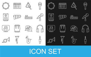 Hattı ayarla. Ses sistemi, kulaklıklar, mikrofon, üçgen, flüt, ses hoparlörü, tef ve ses karıştırıcı ikonu. Vektör