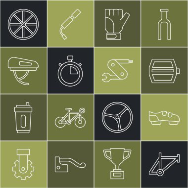Çizgili bisiklet iskeleti, ayakkabılar, pedal, eldivenler, kask, tekerlek ve İsviçre çakısı ikonu. Vektör